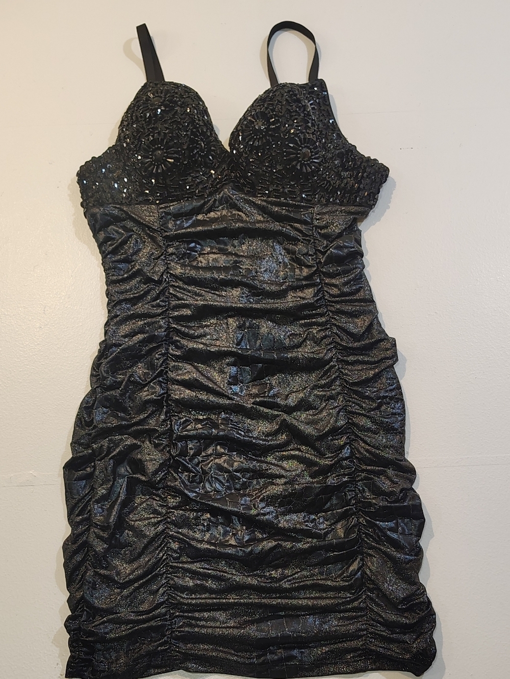 Ju Ju & B, Black ruched bodycon dress with sequin details and adjustable Size S